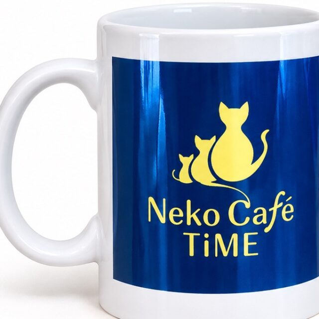 Neko Café TiME official mug, printed side: yellow logo on blue
