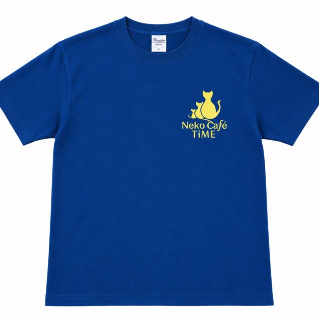 Neko Café TiME official T-shirt, front: blue with the yellow logo on the chest