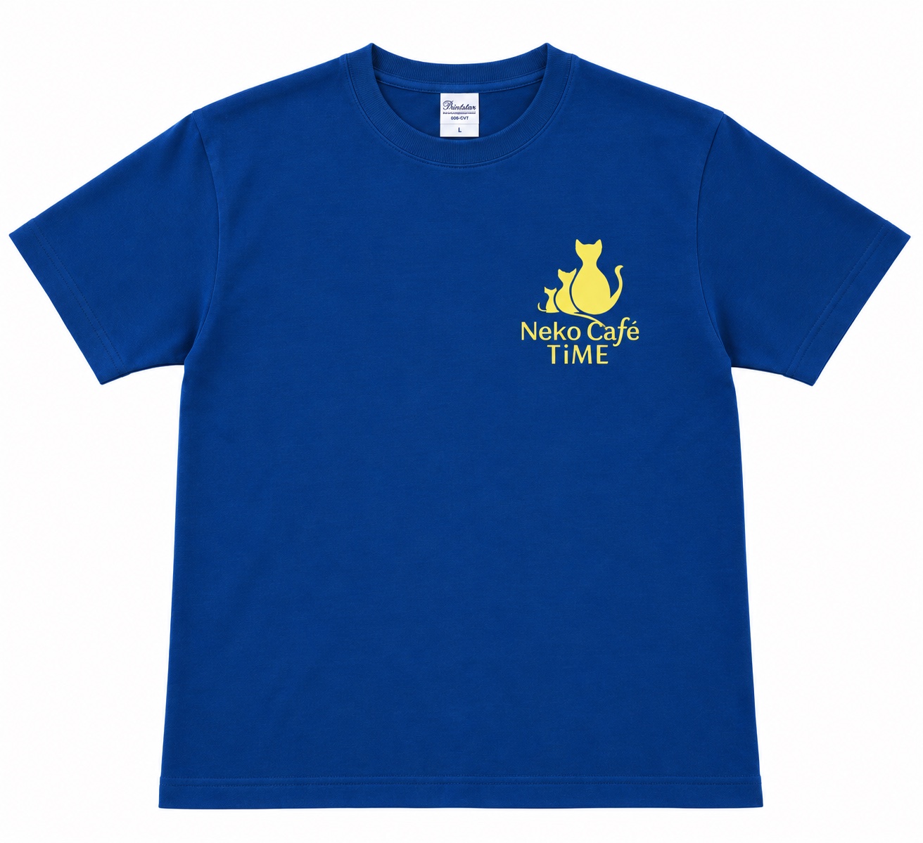 Neko Café TiME official T-shirt, front: blue with the yellow logo on the chest