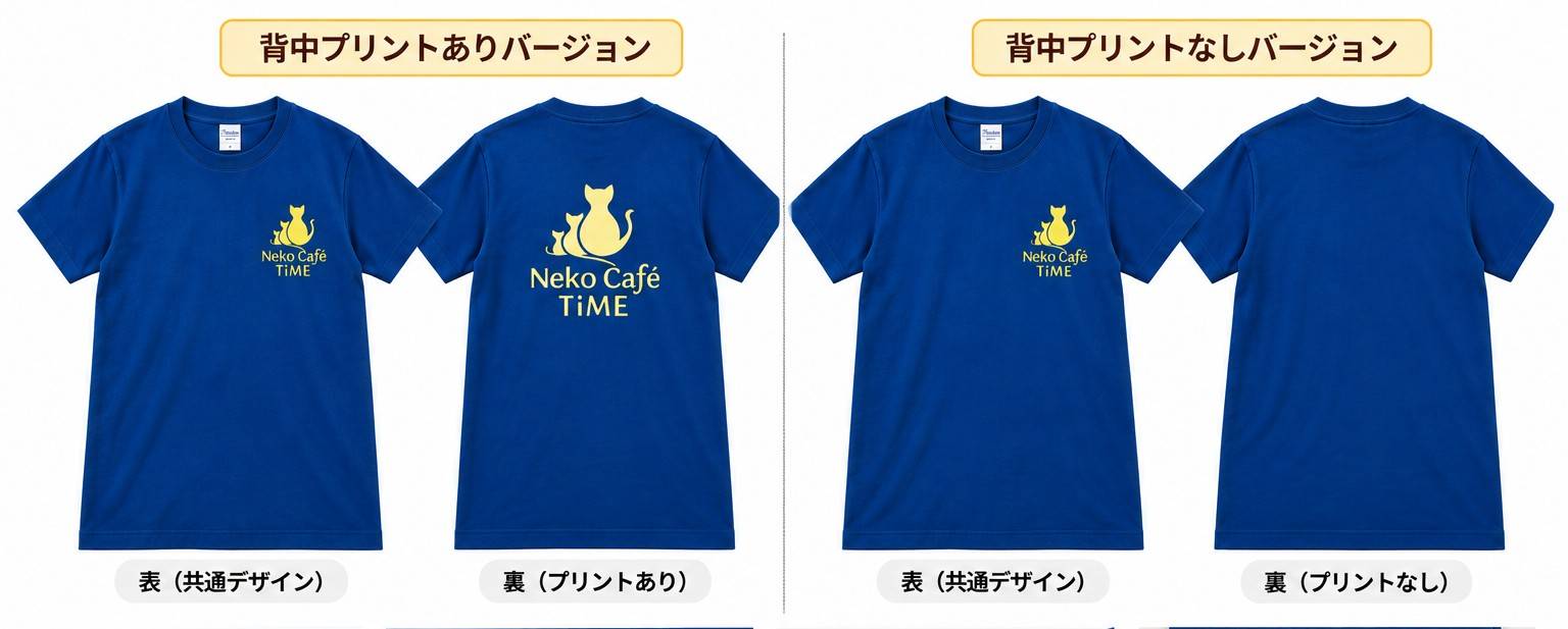 The two versions side by side: with back print and without back print